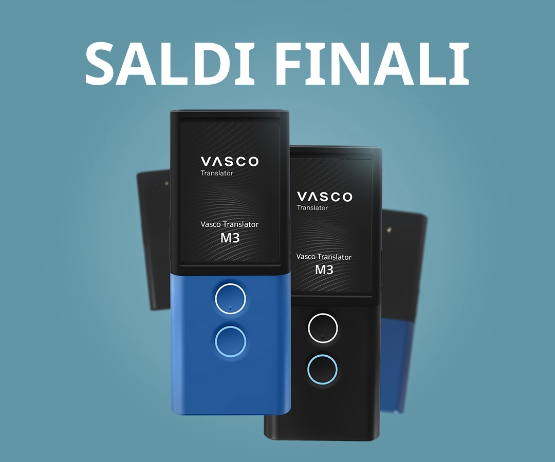 Immagine promozionale dei dispositivi Vasco Translator M3 in blu e nero su sfondo blu con la scritta 