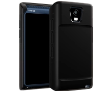 Dark Caramel silicone case for the Vasco Translator Q1, shown on a blue device from the front and back. The case has a rear cutout for the Q1 camera and an opening at the bottom for attaching a keychain or lanyard.